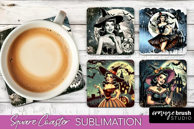 Retro Witch Square Coaster, Halloween Coaster Sublimation