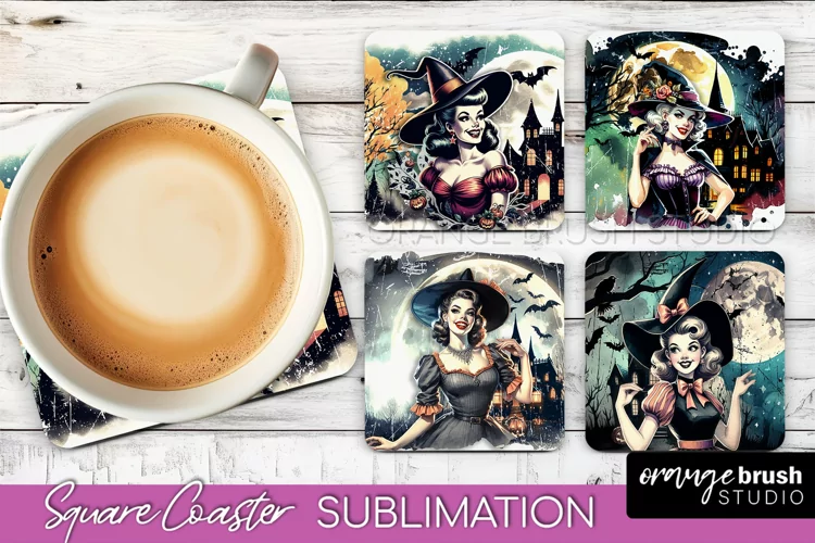 Retro Witch Square Coaster, Halloween Coaster Sublimation