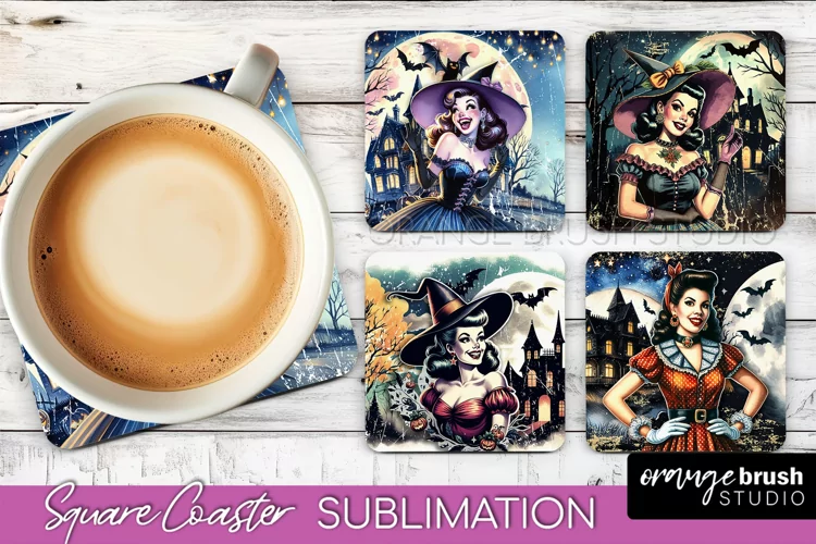 Retro Witch Square Coaster, Halloween Coaster Sublimation