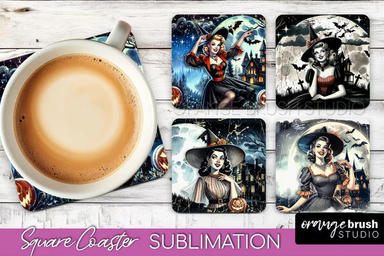 Retro Witch Square Coaster, Halloween Coaster Sublimation