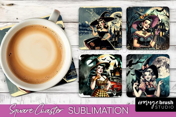 Retro Witch Square Coaster, Halloween Coaster Sublimation