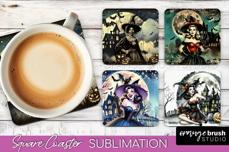 Retro Witch Square Coaster, Halloween Coaster Sublimation