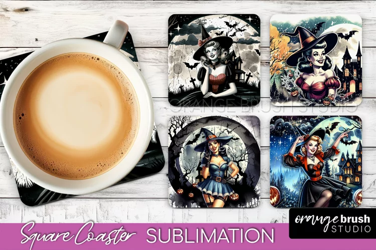 Retro Witch Square Coaster, Halloween Coaster Sublimation