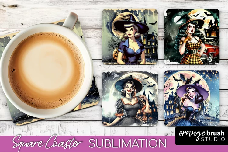 Retro Witch Square Coaster, Halloween Coaster Sublimation