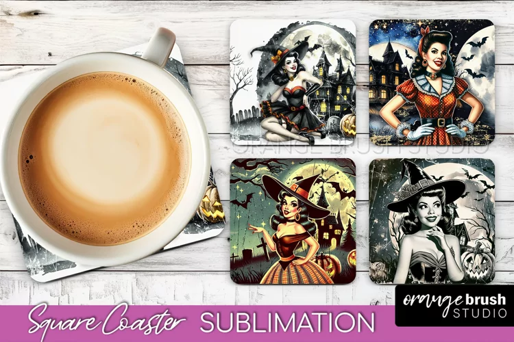 Retro Witch Square Coaster, Halloween Coaster Sublimation