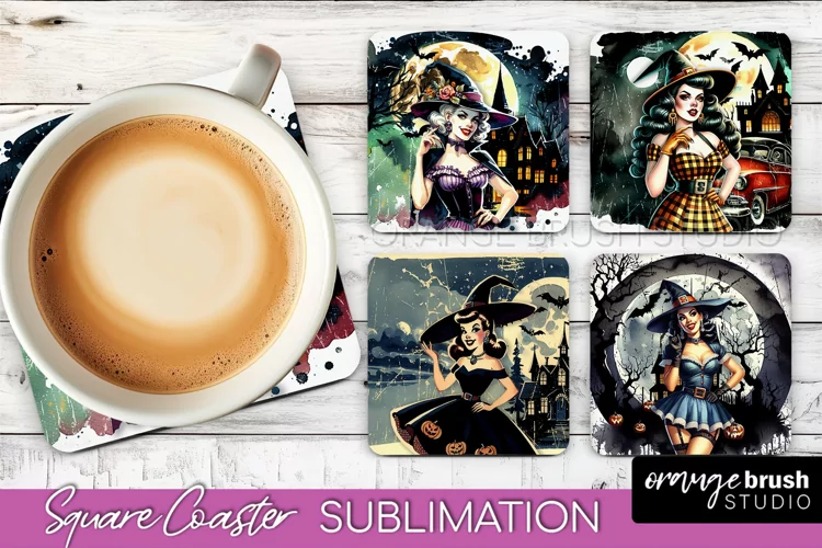 Retro Witch Square Coaster, Halloween Coaster Sublimation