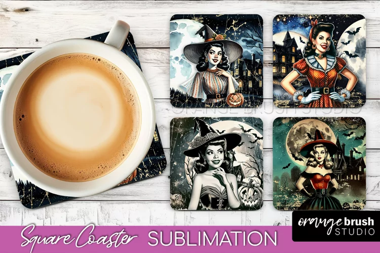 Retro Witch Square Coaster, Halloween Coaster Sublimation