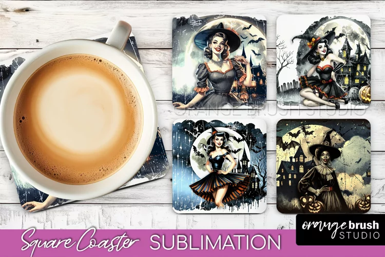 Retro Witch Square Coaster, Halloween Coaster Sublimation