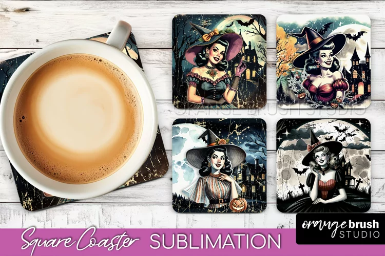 Retro Witch Square Coaster, Halloween Coaster Sublimation