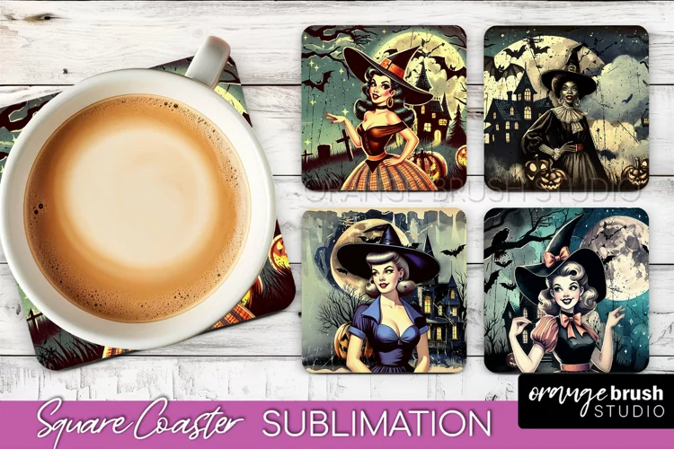 Retro Witch Square Coaster, Halloween Coaster Sublimation