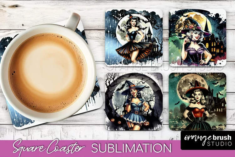 Retro Witch Square Coaster, Halloween Coaster Sublimation
