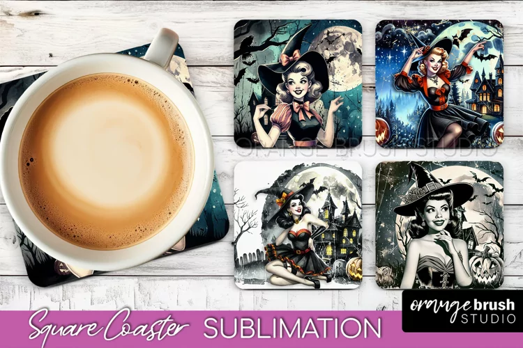 Retro Witch Square Coaster, Halloween Coaster Sublimation