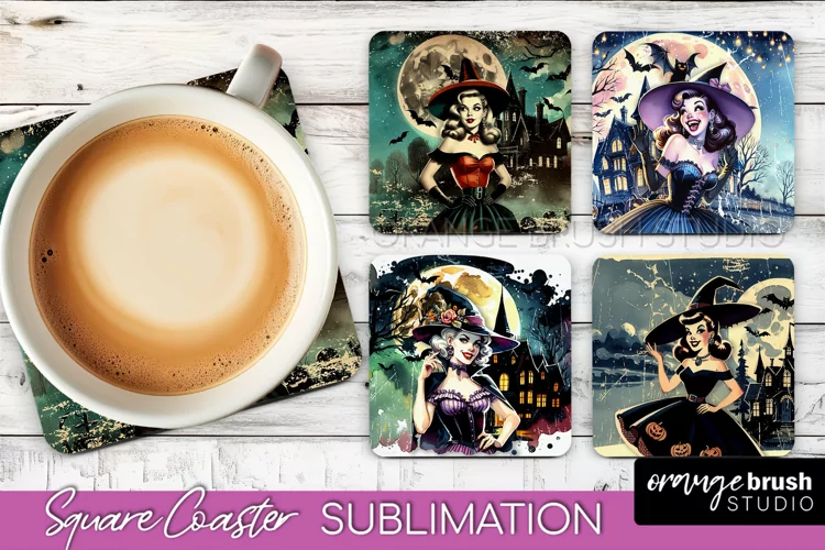 Retro Witch Square Coaster, Halloween Coaster Sublimation