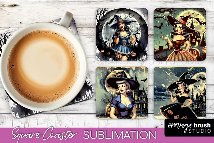 Retro Witch Square Coaster, Halloween Coaster Sublimation