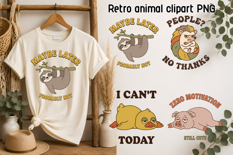 Funny Retro Animal Clipart PNG, Sloth Hedgehog Duck Pig