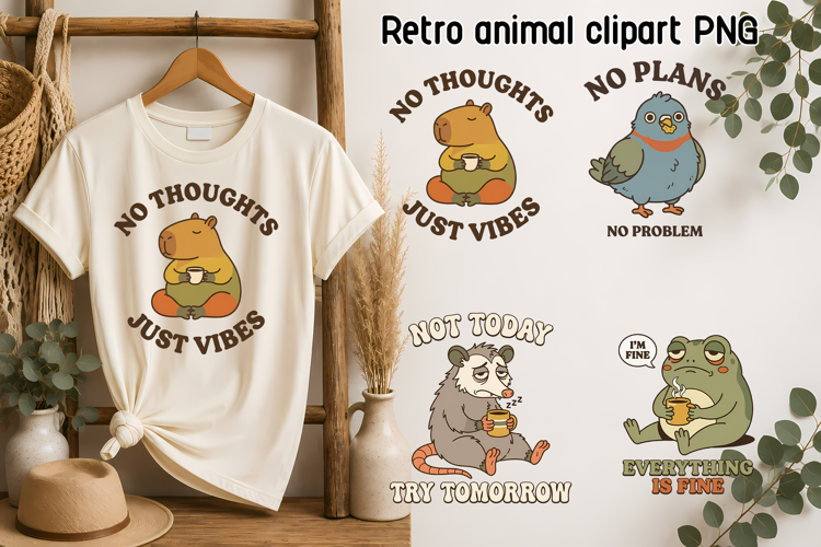 Funny Retro Animal Clipart PNG, Capybara Pigeon Opossum Frog