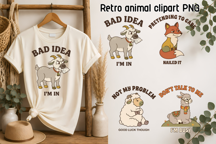 Funny Retro Animal Clipart PNG, Goat Fox Sheep Llama