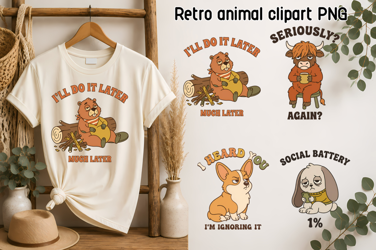 Funny Retro Animal Clipart PNG, Beaver Cow Corgi Bunny