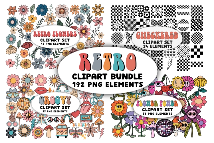 Retro Clipart Bundle Groovy PNG Elements Hippie Boho