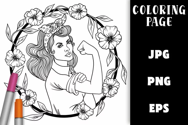 Vintage Strong Woman Coloring Page with Flowers