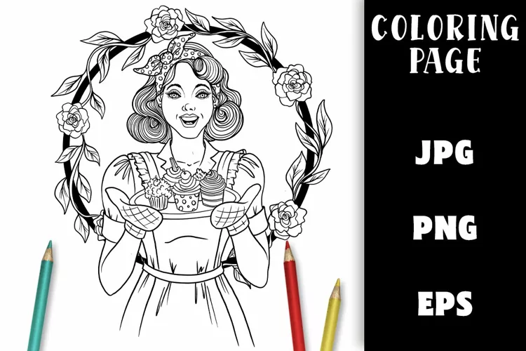 Vintage Housewife with Cupcakes Coloring Page