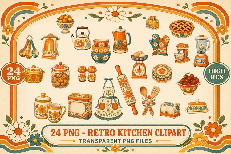 Retro Kitchen Clipart, Groovy 70s Kitchen PNG, Vintage