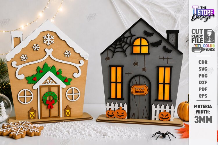 Reversible Halloween Christmas House Laser Cut | Home Decor example image 1