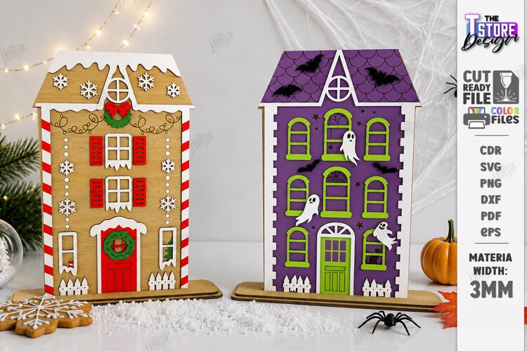 Reversible Halloween Christmas House Laser Cut | Home Decor example image 1
