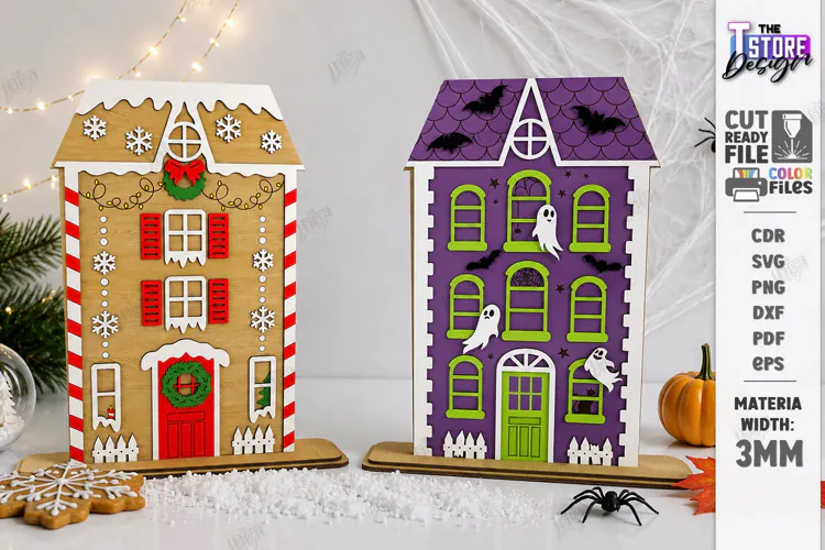 Reversible Halloween Christmas House Laser Cut | Home Decor