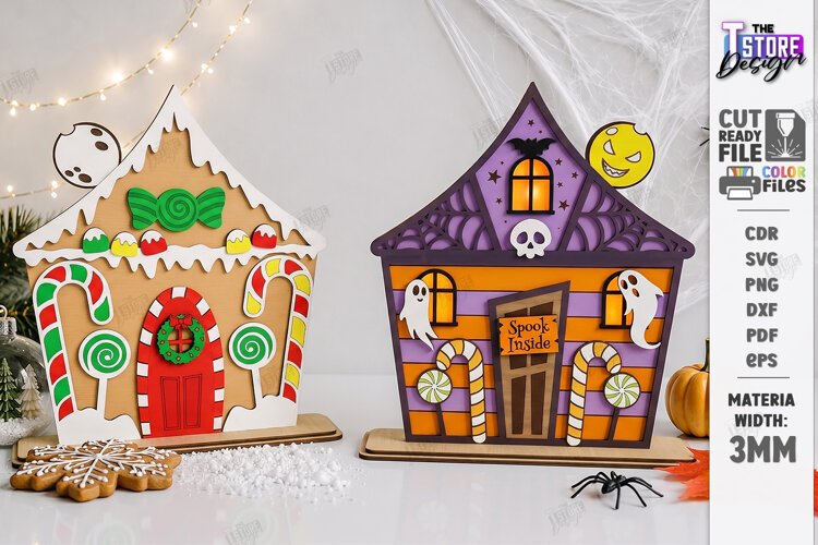 Reversible Halloween Christmas House Laser Cut | Home Decor example image 1