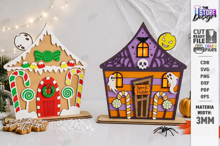 Reversible Halloween Christmas House Laser Cut | Home Decor