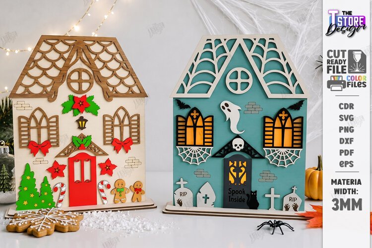 Reversible Halloween Christmas House Laser Cut | Home Decor example image 1