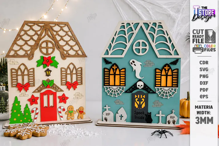 Reversible Halloween Christmas House Laser Cut | Home Decor