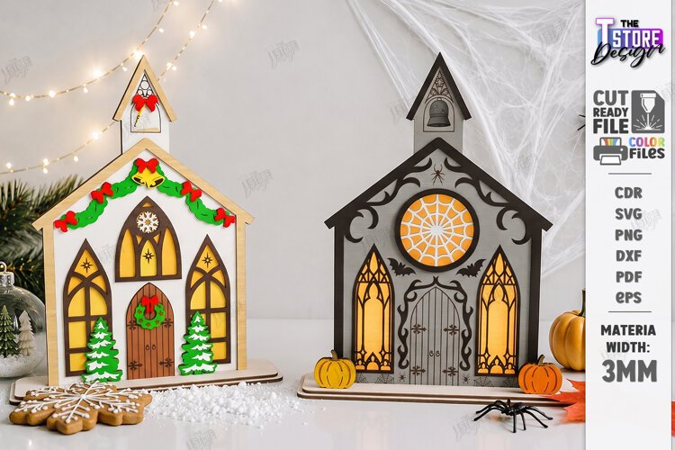 Reversible Halloween Christmas House Laser Cut | Home Decor example image 1