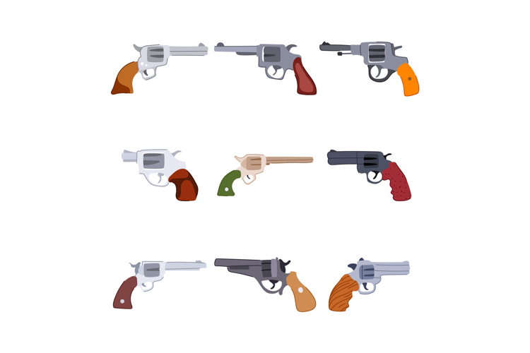 Collection of nine classic handgun revolvers illustration