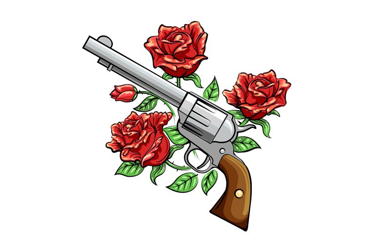 Revolver with Rose Flowers drawn in vintage style