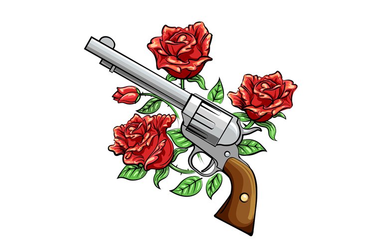 Revolver with Rose Flowers drawn in vintage style example image 1