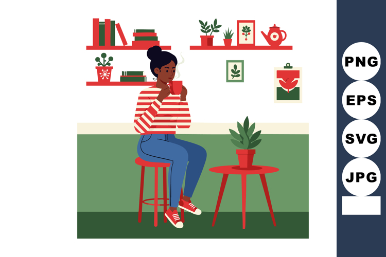 Woman drinking coffee at home sitting on stool surrounded by