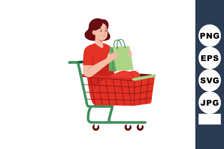 Woman sitting inside shopping cart holding green bag in casu