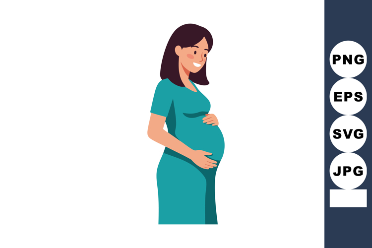 Pregnant woman smiling and holding belly in teal dress mater
