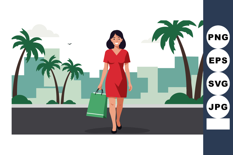 Woman walking with shopping bag in urban city street with pa