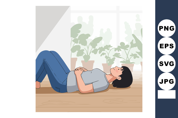 Woman relaxing on floor indoors with houseplants calm and pe