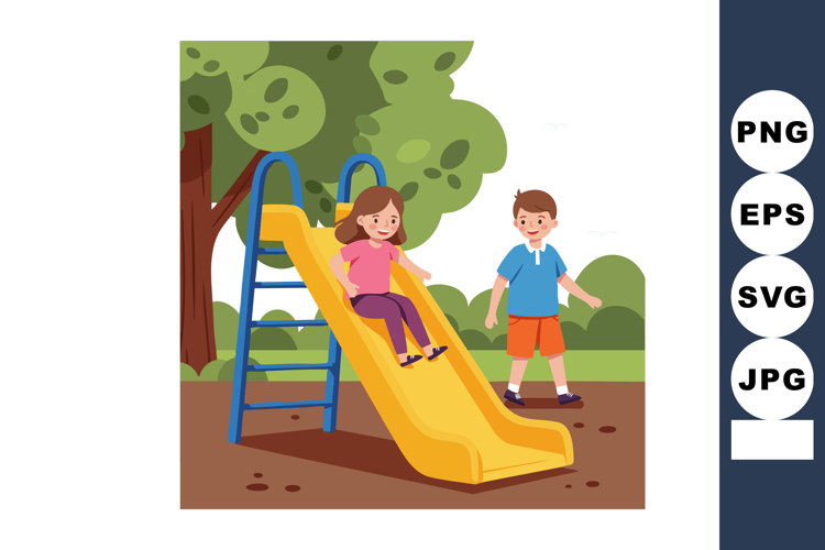 Children playing on yellow slide in green park playground du