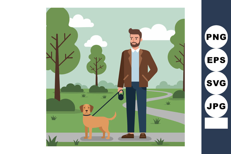 Man walking dog on leash in park surrounded by trees and clo example image 1