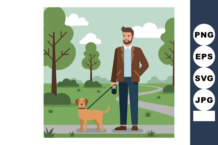 Man walking dog on leash in park surrounded by trees and clo