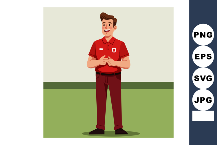 Young man in red polo shirt standing with hands clasped smil