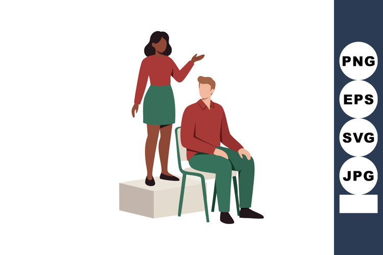 Diverse man sitting on chair with woman standing and gesturi