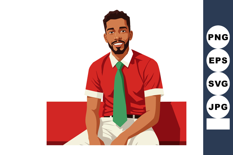 Man wearing red shirt and green tie sitting relaxed and smil
