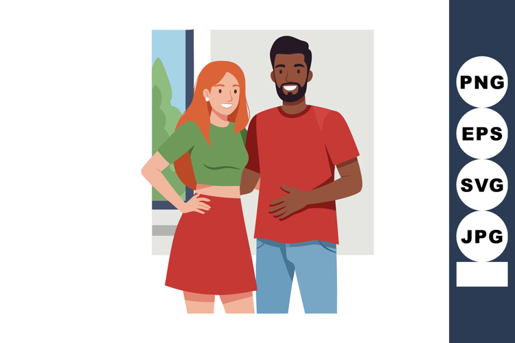 Happy young man and woman standing together smiling in casua