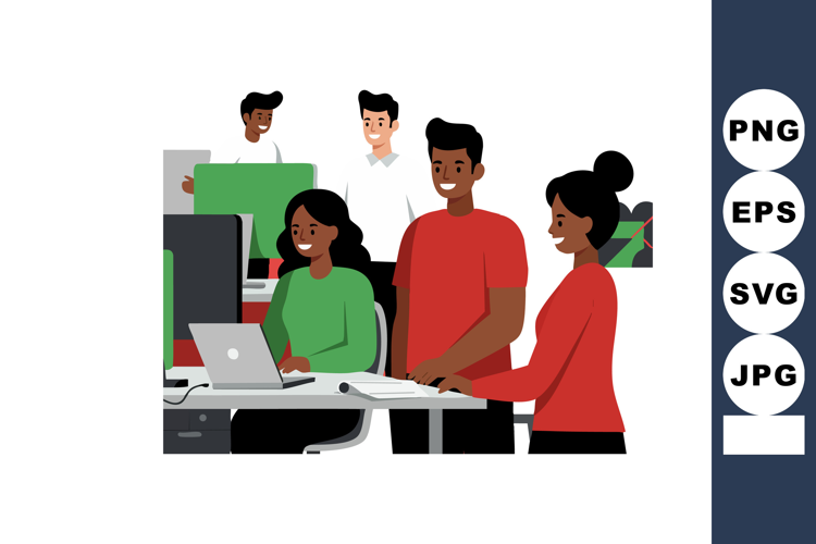 Diverse young professionals collaborating on computer projec